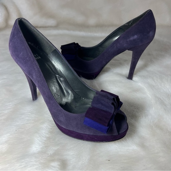 Stuart Weitzman purple peep toe bow heels platform retro sz 9 suede pumps shoes - Picture 1 of 8